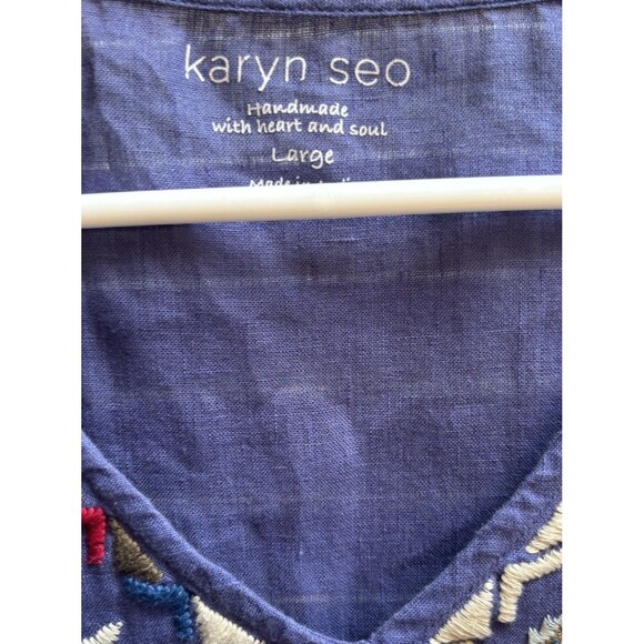 Karyn Seo Size L Blue  Embroidered V Neck 100% Linen Top - Picture 5 of 6
